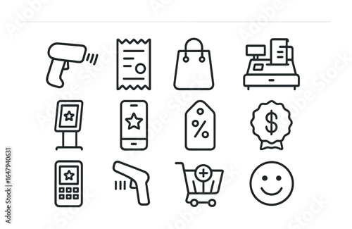 Retail Loyalty Icons Grid. Outline vector icons of retail loyalty solutions: barcode reader, store receipt,