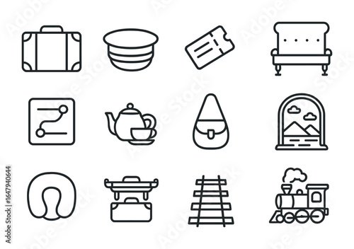 Classic Train Icons. Outline vector icons of classic train travel: travel trunk, conductor cap, paper ticket,