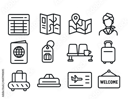 Vintage Airport Icons. Outline vector icons of airport nostalgia: arrivals board, travel brochure, paper map,