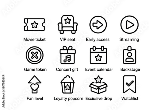 Entertainment Rewards Icons. Outline vector icons of entertainment rewards: movie ticket, VIP seat, early