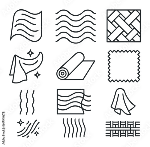 Moiré Fabric Icons. Outline vector icons of moiré fabric: silk texture, wave pattern, jacquard weave, satin