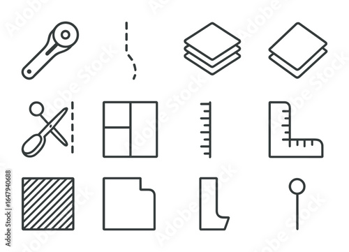 Fabric Cutting Icons. Outline vector icons of fabric cutting and layering: rotary cutter, cut line, fabric