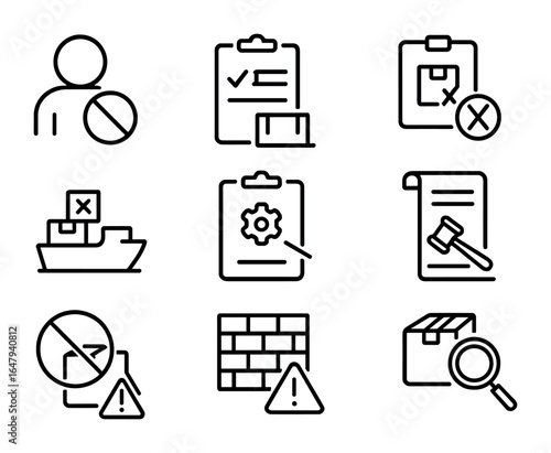 Trade Barriers Icons. Outline icon set of trade barriers and restrictions: entry denied icon, quota line,