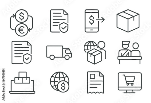 Cross-Border Commerce Icons. Outline icon set of cross-border commerce: currency exchange, customs declaration