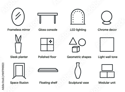 Modern Interior Icons. Outline icon set of modern interior reflections: frameless mirror, gloss console, LED