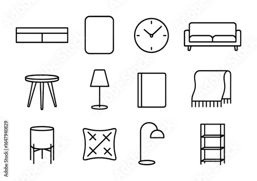 Minimal Living Room Icons. Outline icon set of minimal living room styling: floating console, rectangular