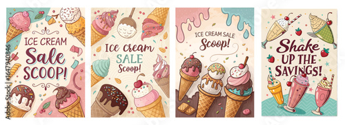 Colorful illustrations of ice cream cones and sundaes promoting a sale on delicious treats.