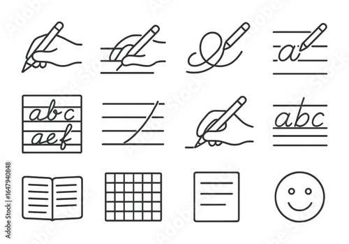Cursive Practice Icons. Outline icon set of cursive handwriting practice: pencil grip, letter trace, loop