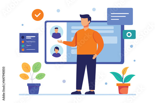 Person presenting user profiles on a digital screen, person, man, presenter, presentation, digital, screen, display, user profiles, avatars, profiles, people, individuals, data, information, technolog