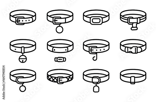 Farm Dog Collar Icons. Outline icon set of farm dog collar: leather strap, metal buckle, name tag, GPS tracker