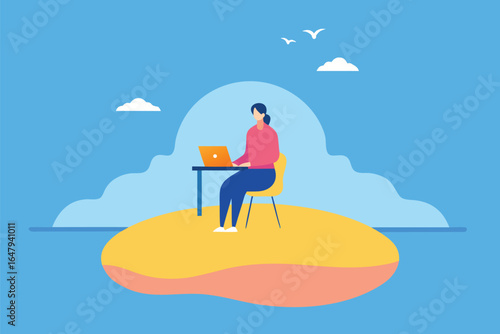 Woman working on laptop on a small island person computer, woman, person, working, laptop, computer, desk, chair, island, water, ocean, sea, sky, clouds, birds, illustration, flat, design, graphic, ar