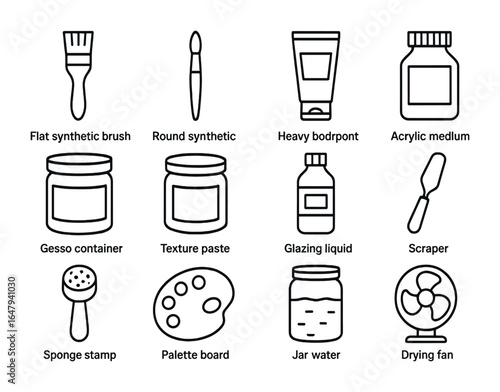 Acrylic Painting Essentials. Outline icon set of acrylic painting essentials: flat synthetic brush, round