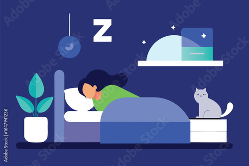 Woman sleeping in bed with cat and night sky elements, sleep, sleeping, bed, night, bedroom, woman, female, cat, pet, domestic animal, cozy, comfortable, rest, relaxation, dream, insomnia, sleep cycle