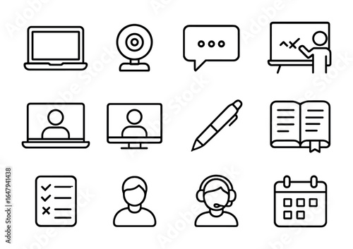 Remote Tutoring Icons. Outline icon set of remote tutoring: laptop, webcam, chat bubble, whiteboard, video