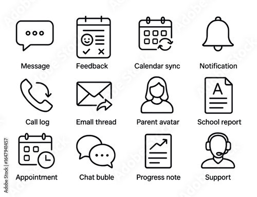 Parent-Tutor Icon Set. Outline icon set of parent-tutor communication: message icon, feedback form, calendar
