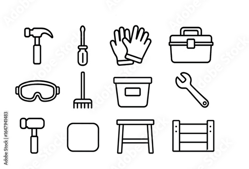 Kids Tool Icon Set. Outline icon set of kids tool corner in shed: mini hammer, small screwdriver, kid-sized