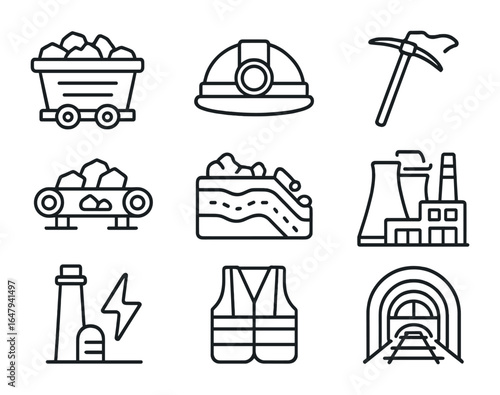 Coal Mining Icons. Outline icon set of coal mining and energy production: coal cart, mining helmet, pickaxe,