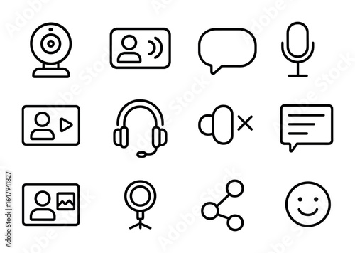 Online Interview Icons. Outline icon set of online interviews: webcam, streaming icon, chat box, digital mic,