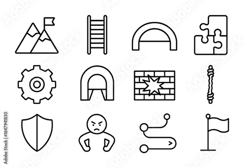 Overcoming Obstacles Icons. Outline icon set of overcoming obstacles: mountain, ladder, bridge, puzzle, gear,