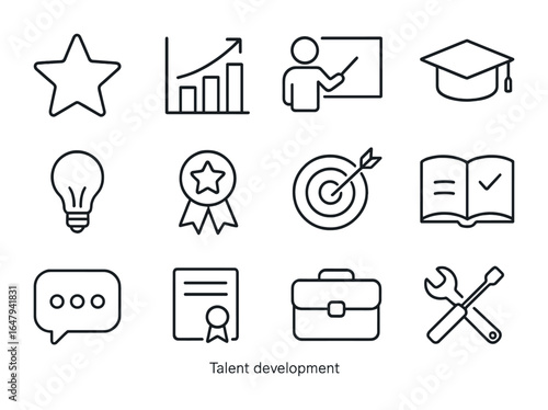 Talent Development Icons. Outline icon set of talent development: star, graph, teacher, student cap, idea bulb