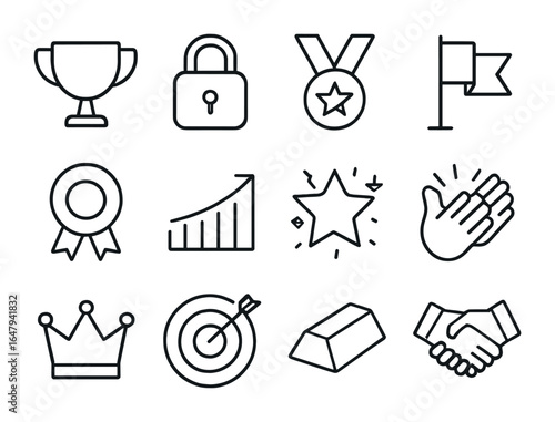 Achievement Icon Set. Outline icon set of achievement unlocking: trophy, unlocked lock, medal, flag, ribbon,