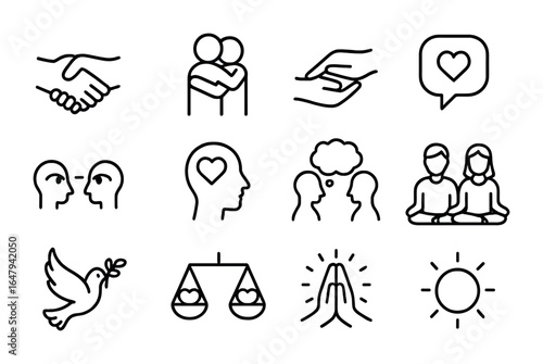 Emotional Connection Icons. Outline icon set of emotional connection: trust handshake, supportive hug,