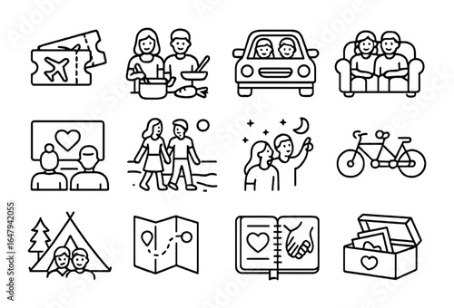 Couple's Experience Icons. Outline icon set of couple’s shared experiences: vacation tickets, cooking together