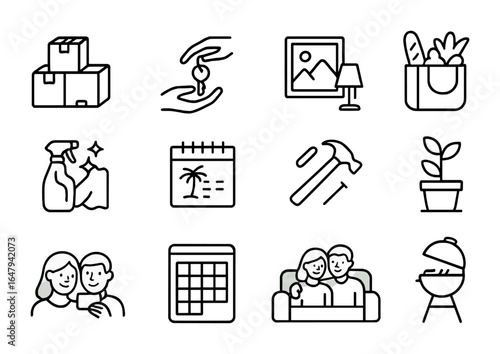 Shared Life Icons. Outline icon set of shared life moments: moving boxes, key exchange, home décor, grocery