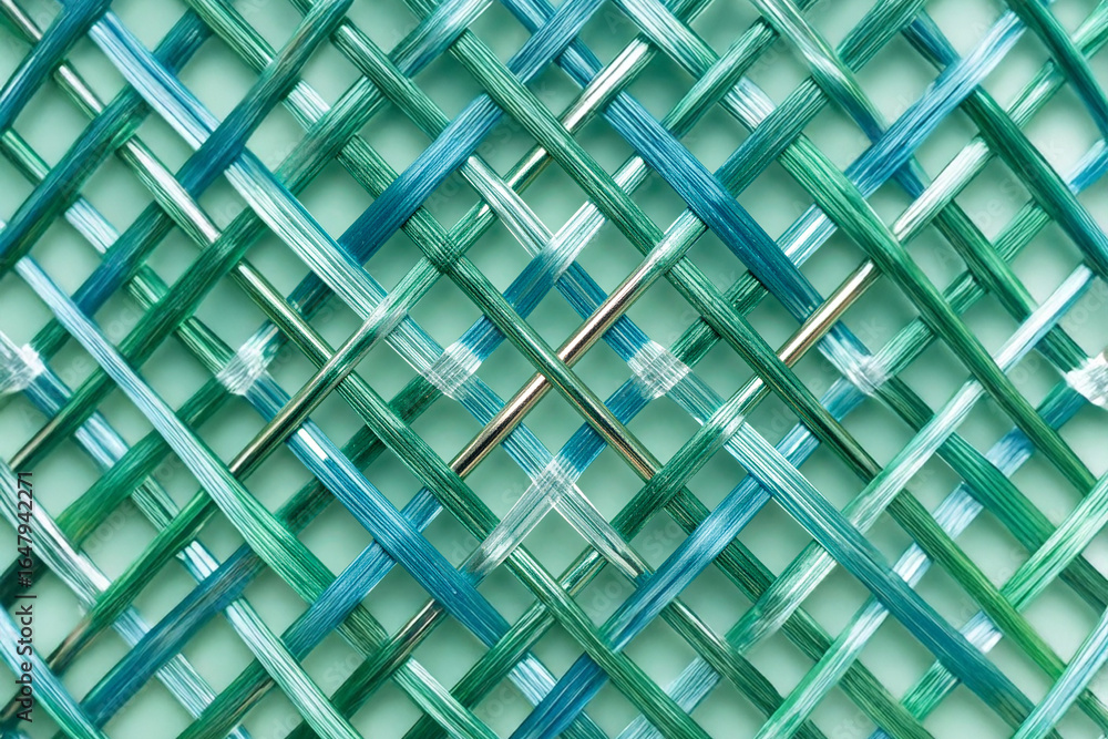 A close-up, high-resolution shot showcasing a detailed pattern of interwoven metallic threads in shades of teal and green. A close-up, high-resolution shot showcasing a detailed pattern of interwoven metallic threads in shades of teal and green.