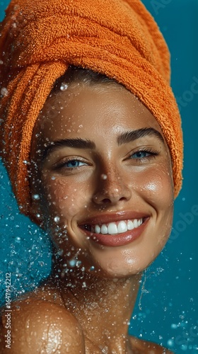 Smiling Woman With Orange Towel Against Blue Backdrop Enjoying Refreshing Wat...