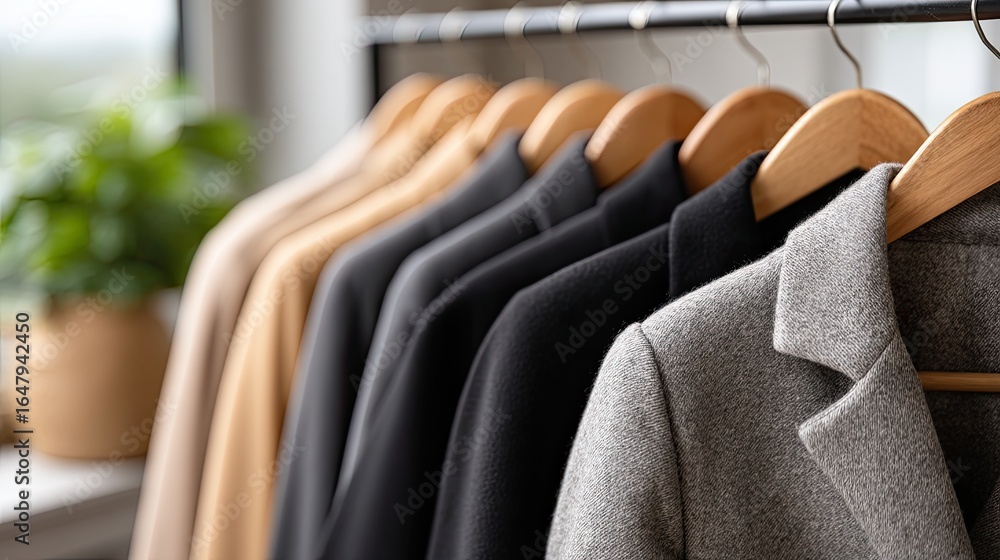 Fototapeta premium Elegant knitwear in soft hues hangs neatly on wooden hangers, creating a warm and inviting atmosphere in a modern boutique