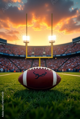 American Football with Bright Sunset and Crowd in Stadium