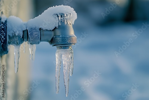 Frozen Water Tap With Icicles During Winter in a Snowy Outdoor Setting