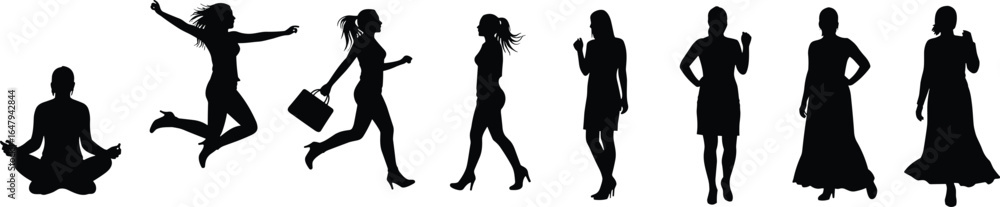 Silhouette of woman in various poses including yoga, jumping, walking, standing, fashion dress, flat vector illustration, black design concept Silhouette of woman in various poses including yoga, jumping, walking, standing, fashion dress, flat vector illustration, black design concept