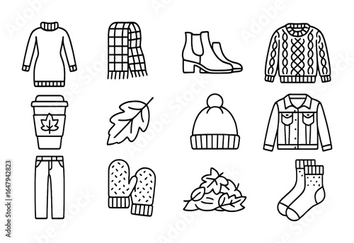 Autumn Outfit Icons. Outline icon set of autumn outfit vibes: sweater dress, plaid scarf, ankle boots, chunky