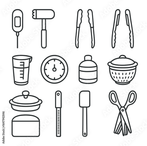 Cooking Gadgets Icons. Outline icon set of essential cooking gadgets: digital thermometer, meat tenderizer,