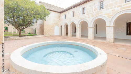 Serene Courtyard with Circular Fountain in Historic Architecture