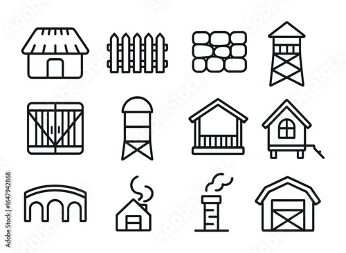 Rural Architecture Icons. Outline icon set of rural architecture: thatched roof, wooden fence, stone wall,