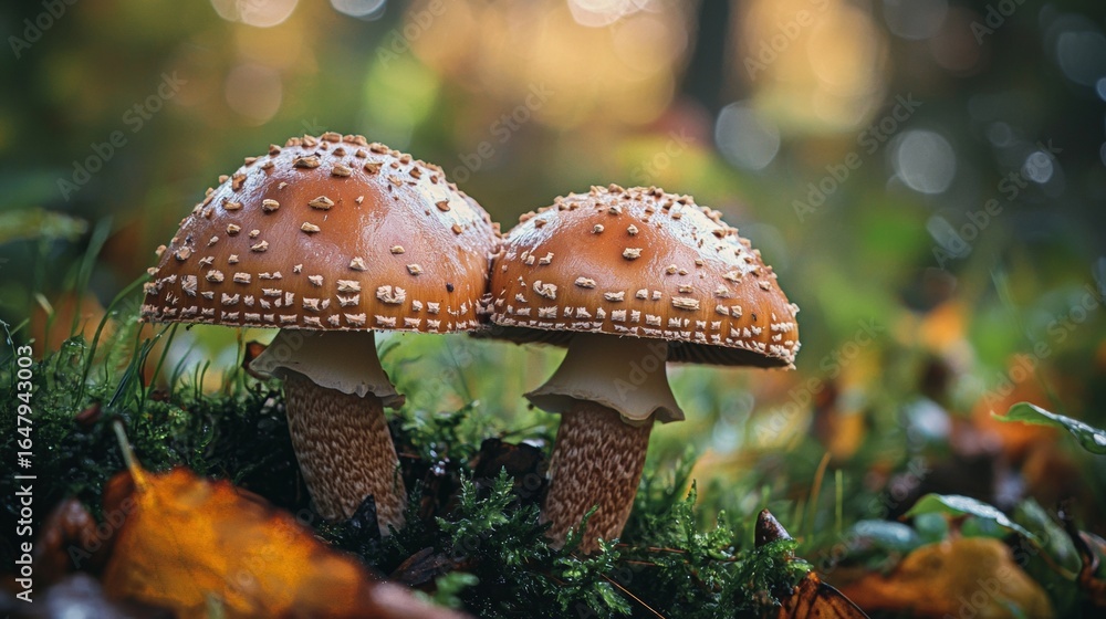 Fototapeta premium Pair of wild mushrooms growing on forest ground with shallow depth of field background