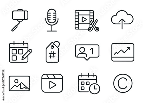 Nomad Creator Icons. Outline icon set of nomadic content creators: selfie stick, microphone, video editing,
