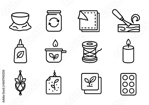 DIY Craft Icon Set. Outline icon set of DIY sustainable crafts: paper mache, upcycled jar, fabric scrap, wood