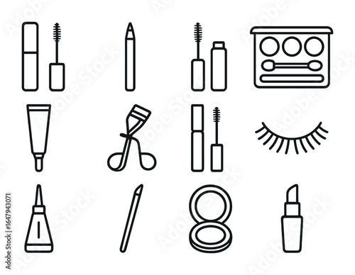 Eye Makeup Icons. Outline icon set of eye makeup products: mascara wand, eyeliner pen, brow pencil, eyeshadow