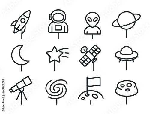 Space Cake Toppers. Outline icon set of space-themed cake toppers: rocket, astronaut, alien, planet, moon,