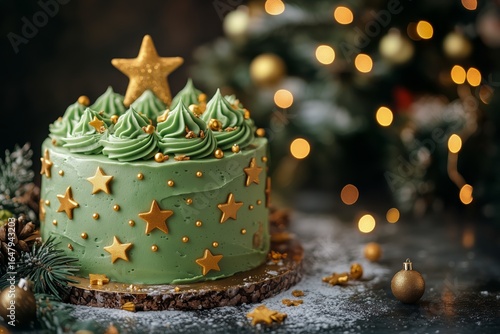Festive Green Cake With Gold Stars and a Tree Decoration for Holiday Celebrat...