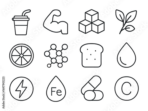 Smoothie Nutrition Icons. Outline icon set of smoothie nutrition labels: calories, protein, sugar, fiber,