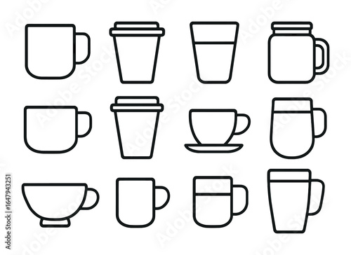 Coffee Cup Icons. Outline icon set of coffee cup types: ceramic mug, paper cup, glass tumbler, mason jar,
