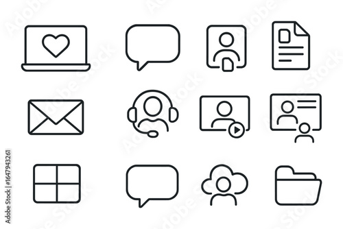 Virtual Volunteering Icons. Outline icon set of virtual volunteering: laptop screen, chat bubble, video call,