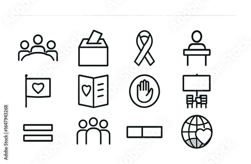 Social Impact Icons. Outline icon set of social impact initiatives: community meeting, voter box, awareness