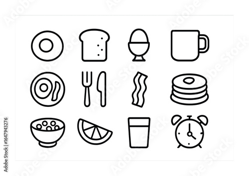 Breakfast Icon Set. Outline icon set of breakfast with eggs: sunny side up, toast, egg cup, coffee mug,