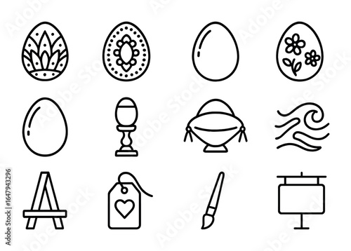 Decorative Egg Icons. Outline icon set of decorative egg art: carved egg, beaded egg, glass egg, ceramic egg,